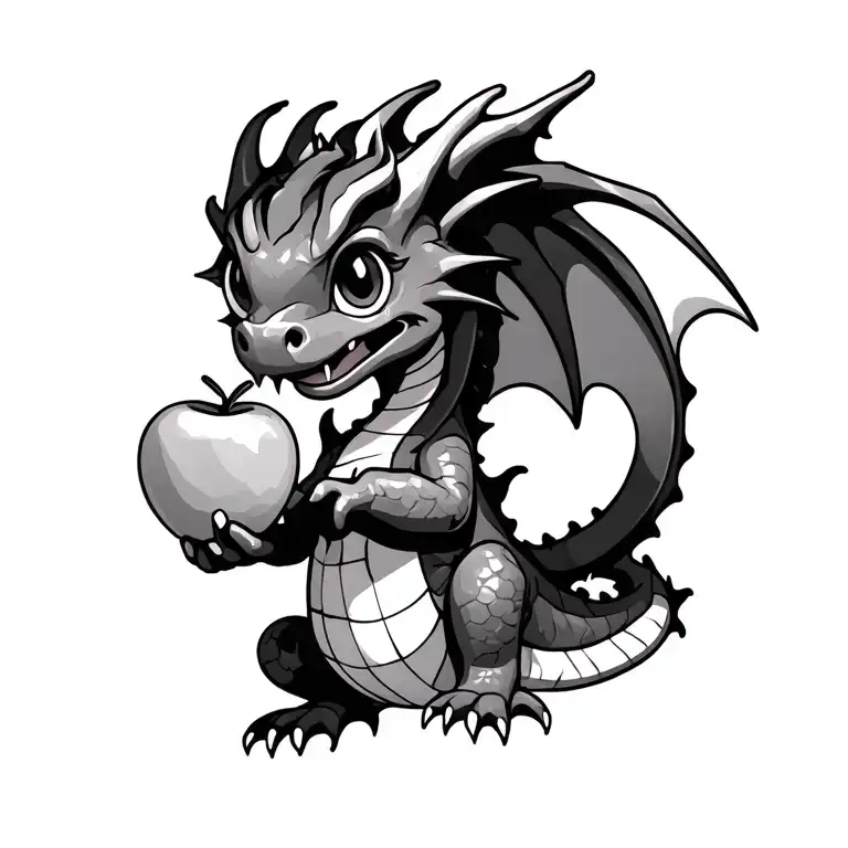 Cute Dragon with apple in hand holding tattoo design idea