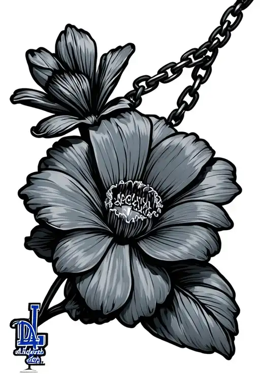 flower with grandma in stem with a dangling from chain duke blue devils and Los Angeles dodgers charm attached tattoo design idea