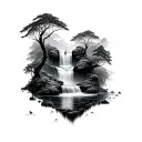 black and grey reality waterfall scene hidden in a rainforest with multiple water levels tattoo design idea