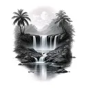 black and grey reality waterfall scene hidden in a rainforest with multiple water levels tattoo design idea