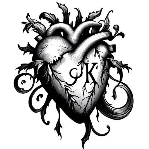 Masculine Heart with Letters J K T tattoo design idea