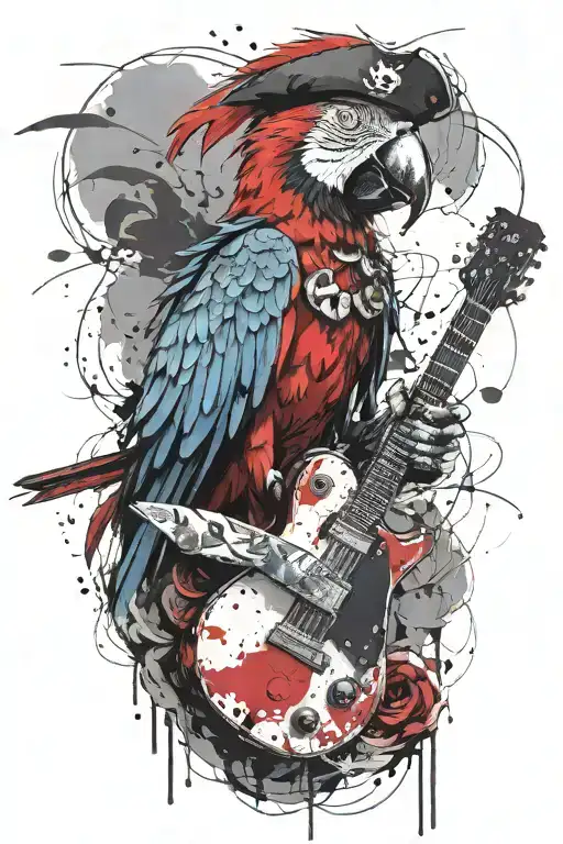 parrot pirate hat perched on guitar tattoo design idea