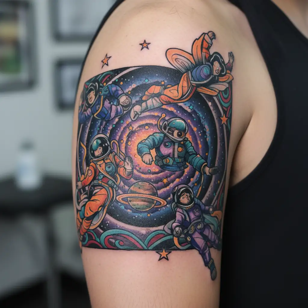 four people floating in space tattoo design idea