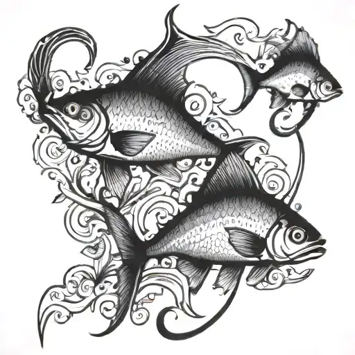 An intricate underwater scene with various fish species swimming around a fishing hook, symbolizing the client's love for fishing and connection to nature tattoo design idea