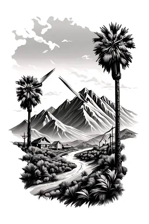 Palm springs mountains with windmills in hte mountains tattoo design idea
