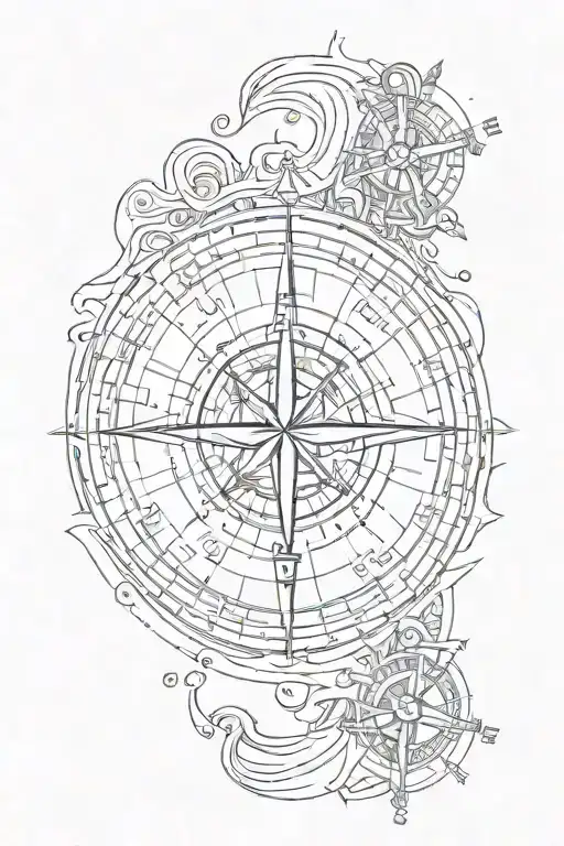 compass with a trident below, a submarine, an anchor with coordinates tattoo design idea