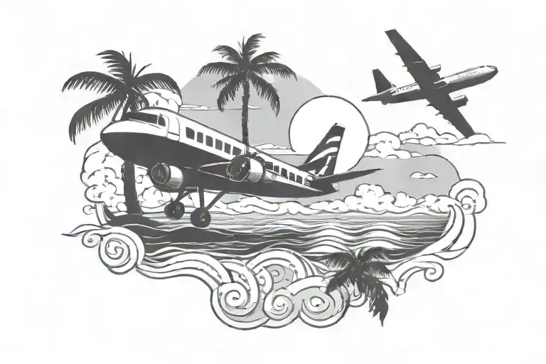 fine line travel plane waves palm tree sun tattoo design idea