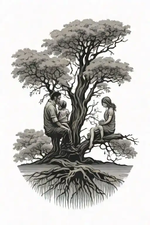 silhouette willow tree with dad and daughter leaning at the base of the tree tattoo design idea
