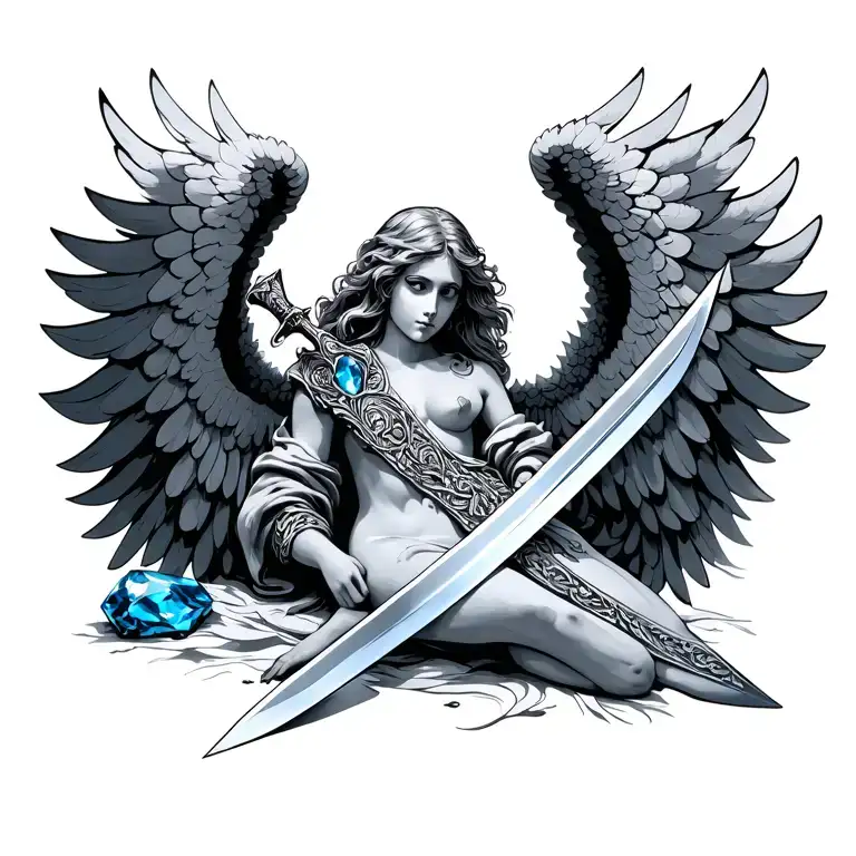 wings and sword with blue stone angel laying tattoo design idea