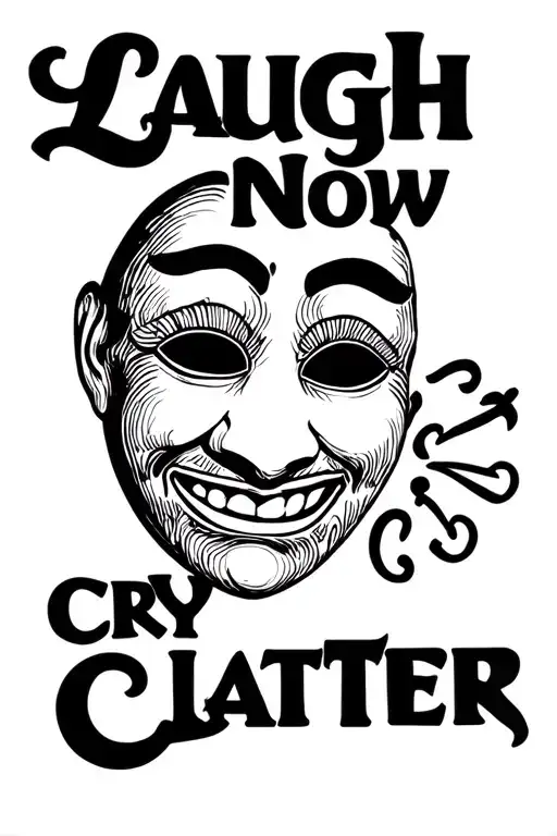 Sad and happy mask with phrase "Laugh Now Cry Later" in a chicanos style tattoo design idea