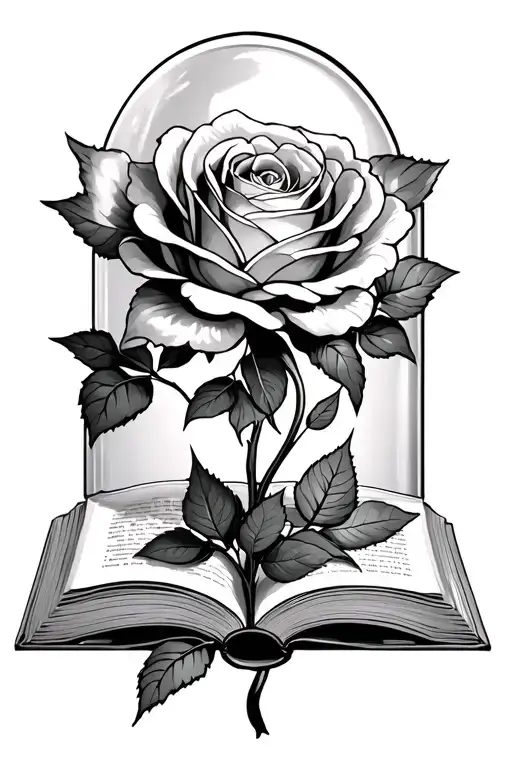 an open book with the rose under glass from beauty and the beast rising from the pages tattoo design idea