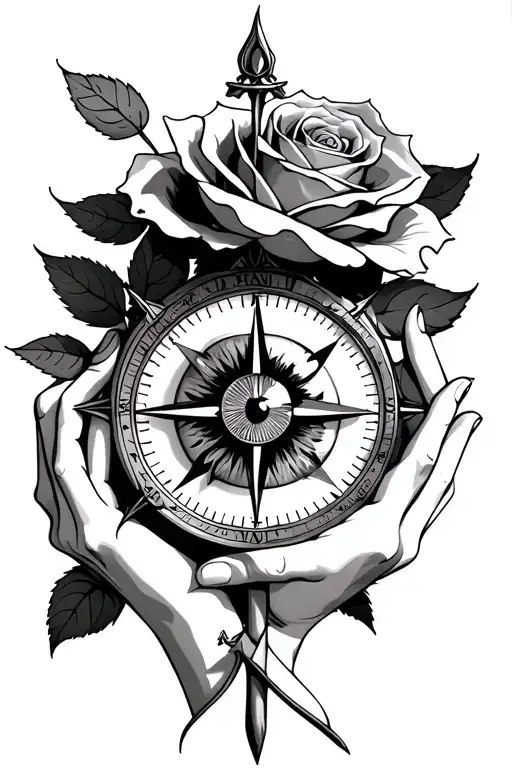 Women's eye, a compass and a rose held by 2 tattoo design idea