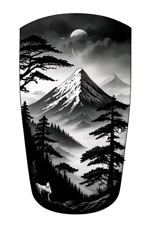 Wolf and japan mountain with tree and a bit foggy forest sleeve tattoo design idea