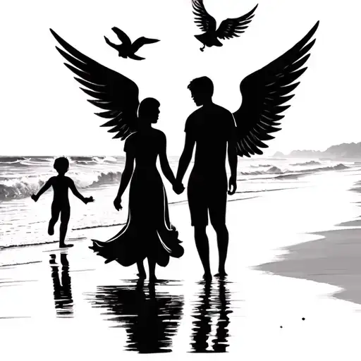 Husband and wife holding hands at the beach with one baby boy angel flying at their back- I need one angel only tattoo design idea