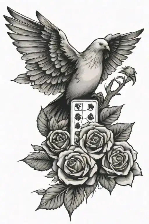 Dominoes, a rose and a white pigeon tattoo design idea