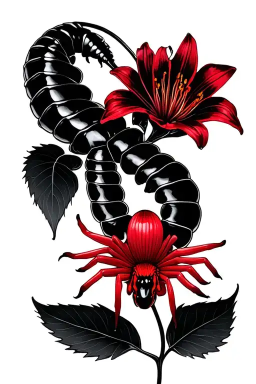 black crawling centipede with red spider lily tattoo design idea