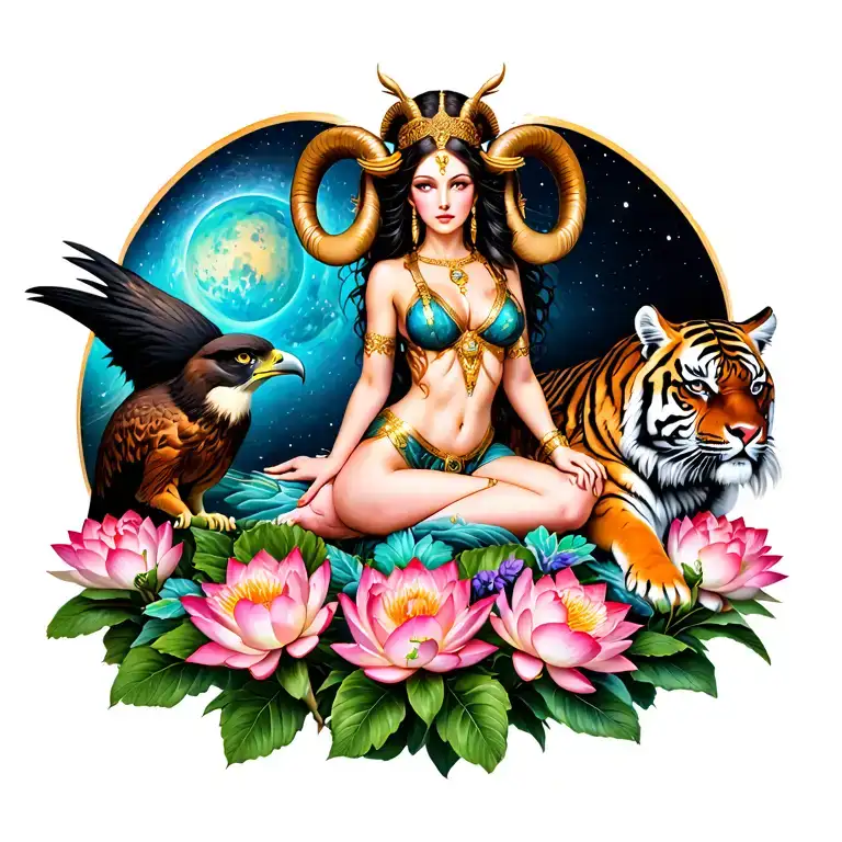 sexy aries goddess surrounded by lotus and peony flowers growing with a tiger and a hawk with mars in the background  tattoo design idea