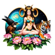 sexy aries goddess surrounded by lotus and peony flowers growing with a tiger and a hawk with mars in the background  tattoo design idea