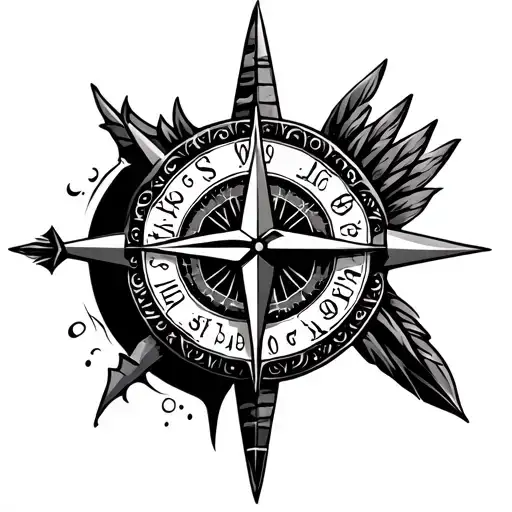 arrow with compass rose and time of birth in the middle tattoo design idea