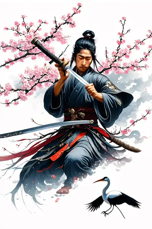Japanese warrior wielding a sword around cherry blossoms with a Japanese crane below  tattoo design idea