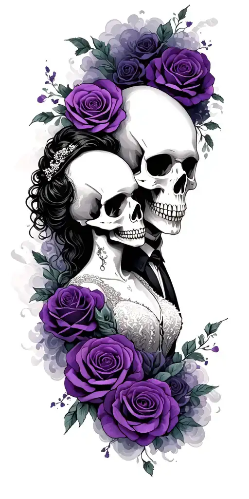 A bride and groom skulls with a backdrop of dark purple roses and purple clouds surrounding the tattoo tattoo design idea