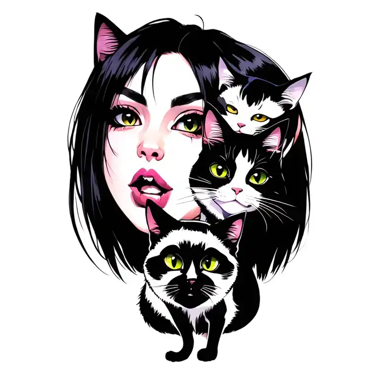 woman punk with gang of cats tattoo design idea