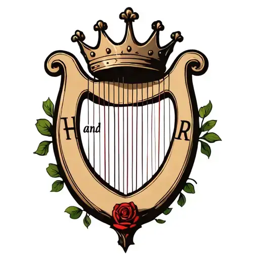 "H and r" "H and r" harp with crown hanging tattoo design idea