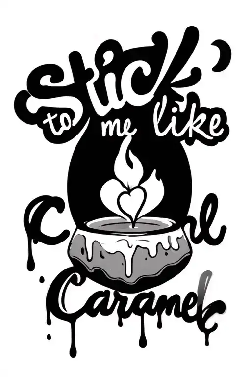 "Stick to me like Caramel" candle with 'caramel' wax dripping down it, large flame burning, heart underneath the candle tattoo design idea