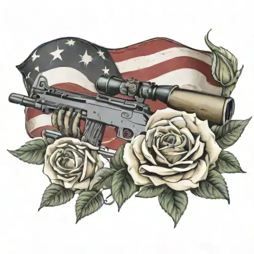 sniper rifle flag roses rest tattoo design idea