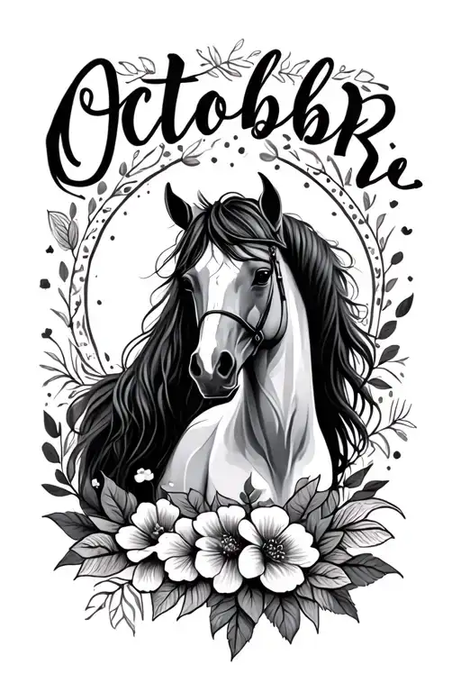 a tatoo that incorporates the birth month of October, horses, girly, flowers, cute tattoo design idea