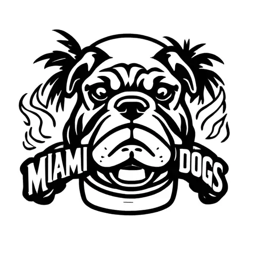 "Miami Hot Dogs" cartoon  bulldog face and fire and palm tree tattoo design idea