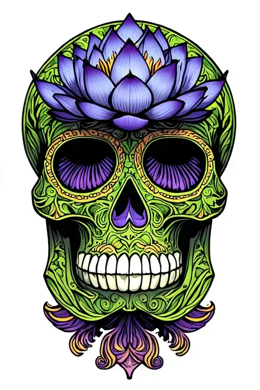 blue lotus flower under green sugar skull tattoo design idea