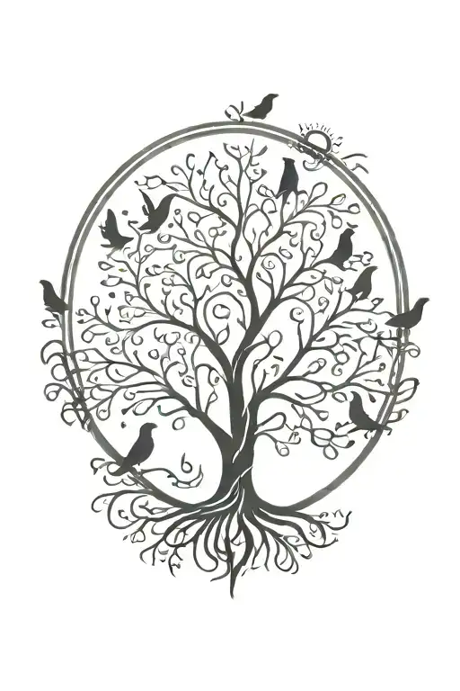 Tree of life without circle around it with doves flying around it and sun on top  tattoo design idea