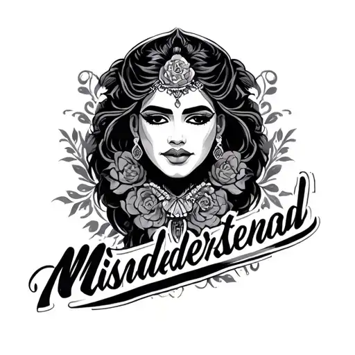 "Create a fine-line Chicano-style tattoo that says 'Misunderstood' in elegant, light black/grey ink. The design should b tattoo design idea