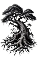 Stylized tree with bare drooping branches transitioning into strong flowing roots tattoo design idea