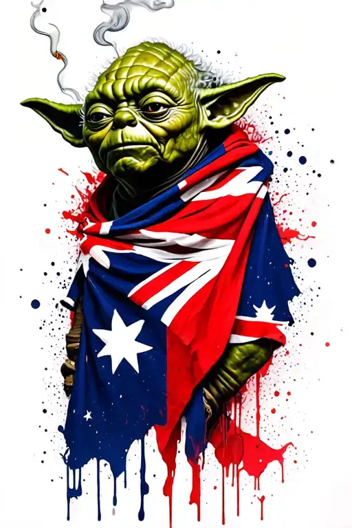 yoda draped in an australian flag, side view smoking a joint tattoo design idea