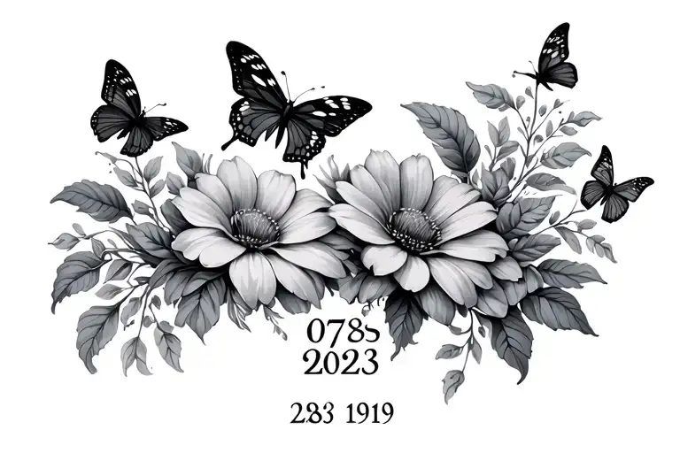 flowers and butterflies with  07 28 1993 in roman numeral tattoo design idea