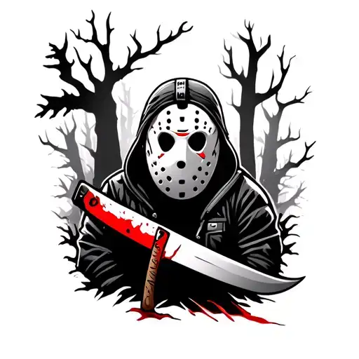 Jason Voorhees-inspired tattoo with his iconic hockey mask and a bloody machete, set in a dark, eerie forest background. tattoo design idea