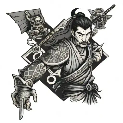japanese neo traditional patchwork tattoo featuring samurai tattoo design idea