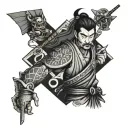 japanese neo traditional patchwork tattoo featuring samurai tattoo design idea