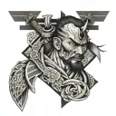 japanese neo traditional patchwork tattoo featuring samurai tattoo design idea