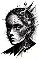 quantum physics, mathematical elements but not formulas, hidden within the artwork face  tattoo design idea
