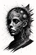 quantum physics, mathematical elements but not formulas, hidden within the artwork face  tattoo design idea