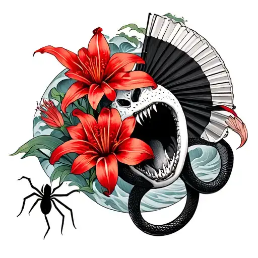 Japanese waves as the background with red spider lily’s going throughout the arm and a snake with a gaping mouth and fan tattoo design idea