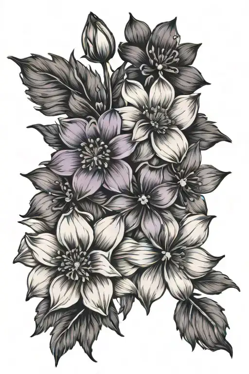violet,cosmos, narcis flower bouquet fine line tattoo design idea