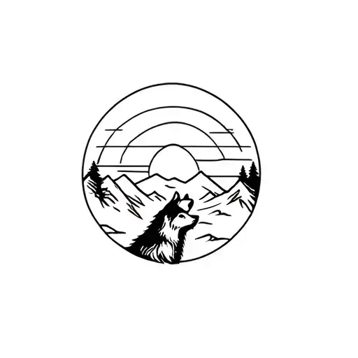 wolf howling over sunset with mountains tattoo design idea