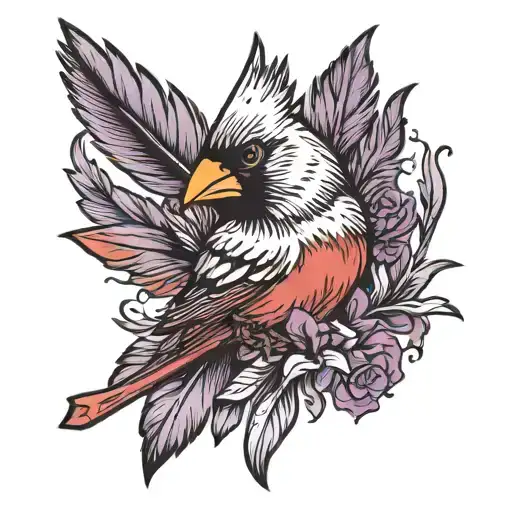 cardinal holding a purple feather in it's mouth tattoo design idea