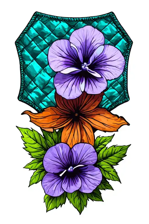 memorial tattoo with teal quilt patch and african violet flower tattoo design idea