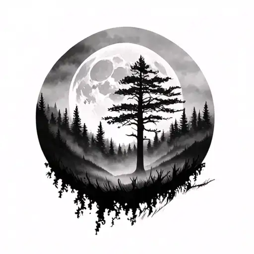 Moon foggy forest sleeve tattoo design idea