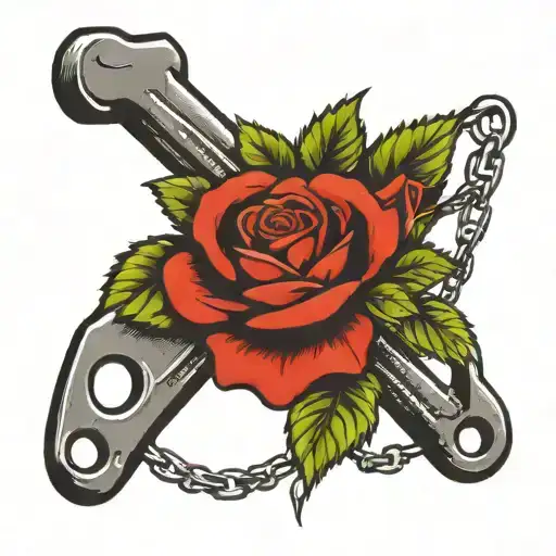 a tattoo of a pipe wrench with a rose and clovers to represent my love for my children, wife and trade tattoo design idea